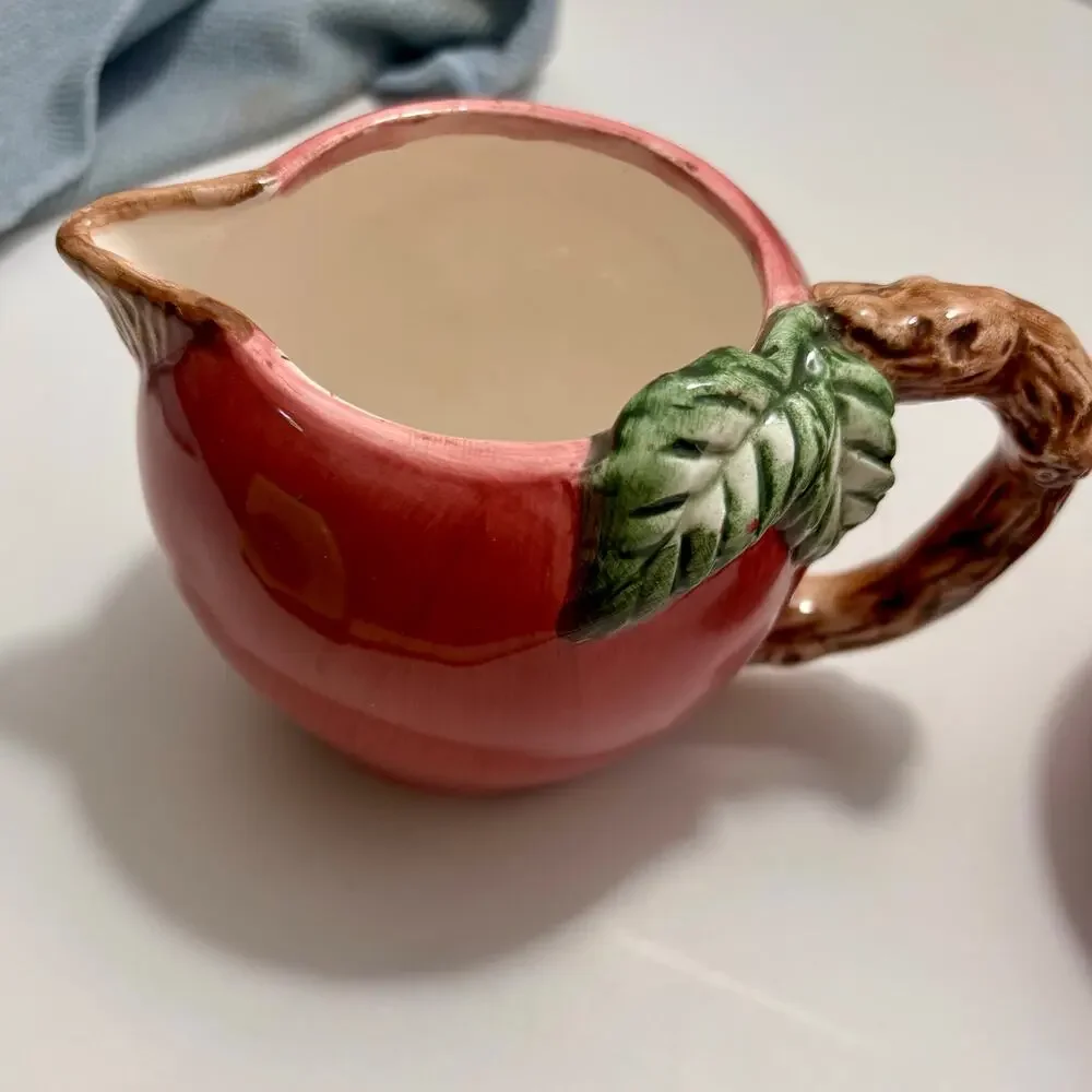 Vintage Red Apple Creamer and Covered Sugar Bowl Set Hand Painted